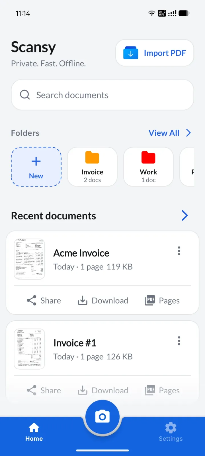 Scansy's home screen with search, folders and recent documents you can share or download