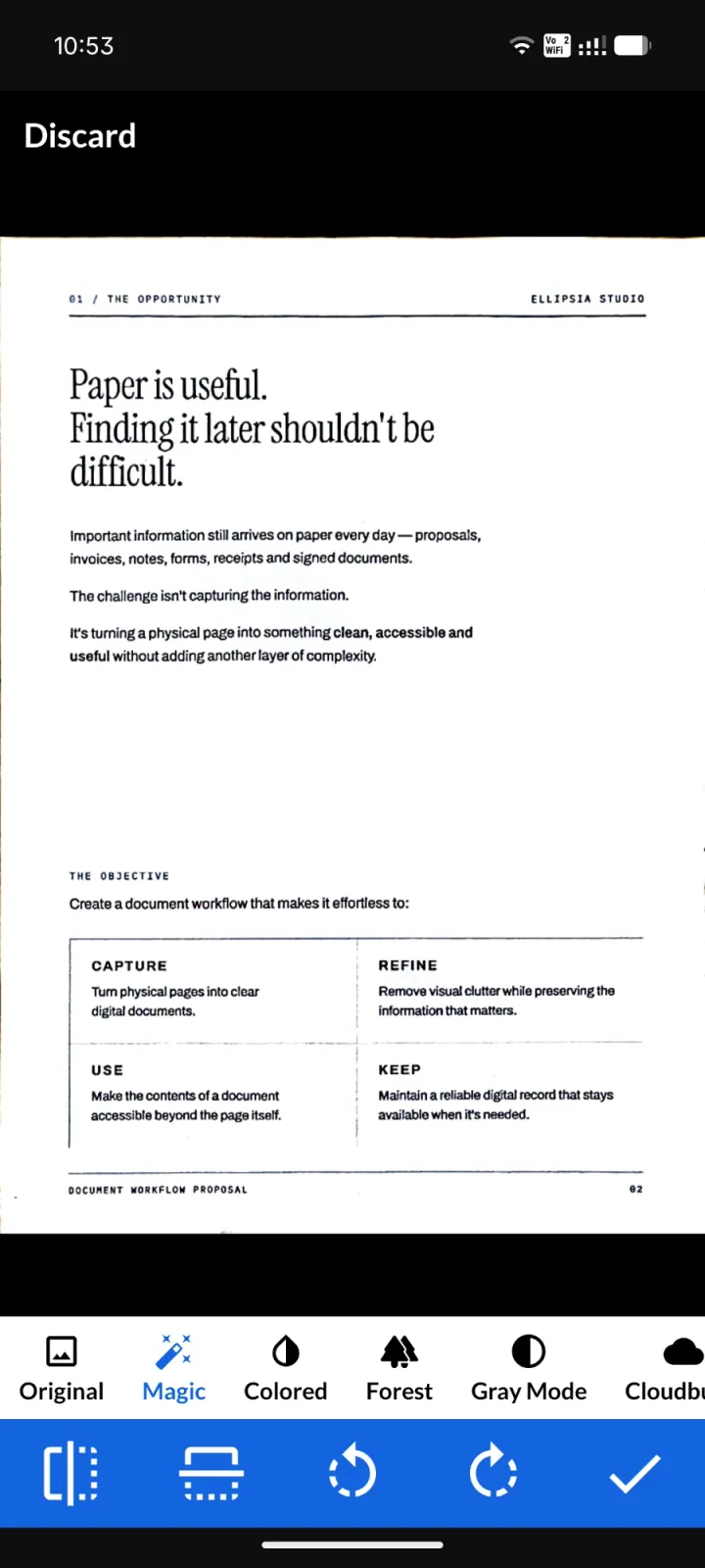 A printed page in Scansy after the magic filter, with Original, Magic, Colored, Forest and Gray filters below