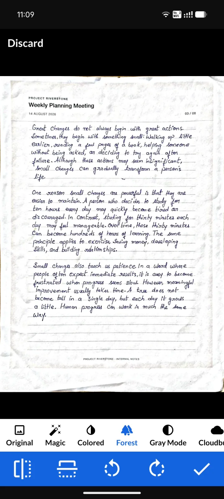 A page of handwritten notes scanned in Scansy, cleaned up with the Forest filter