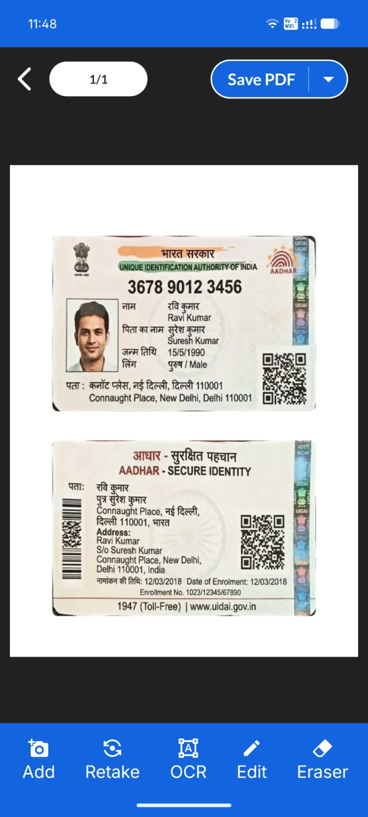 An ID card scanned in Scansy, front and back on one page, ready to save as a PDF