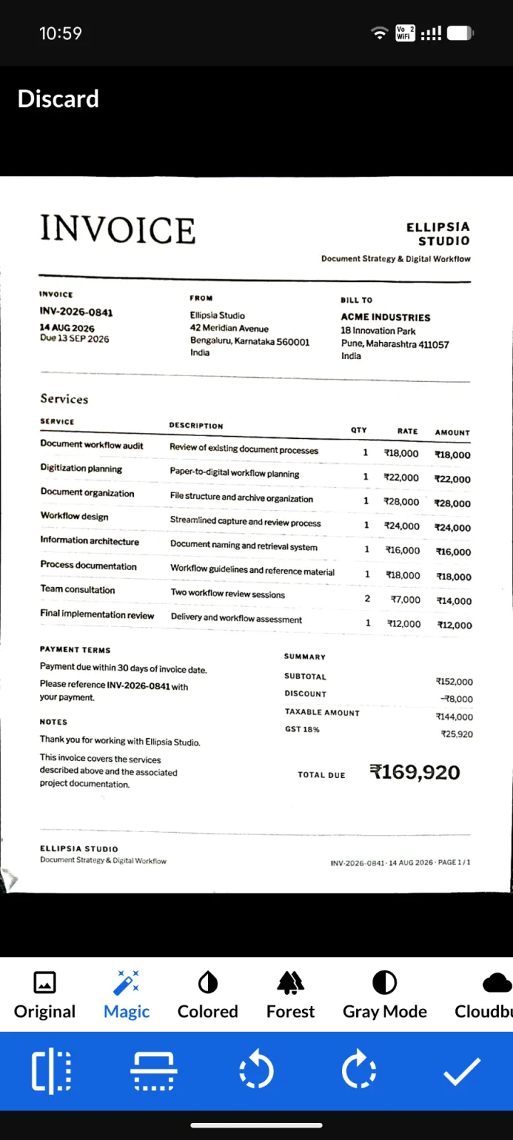 An invoice after Scansy's magic filter: flat, white and sharp