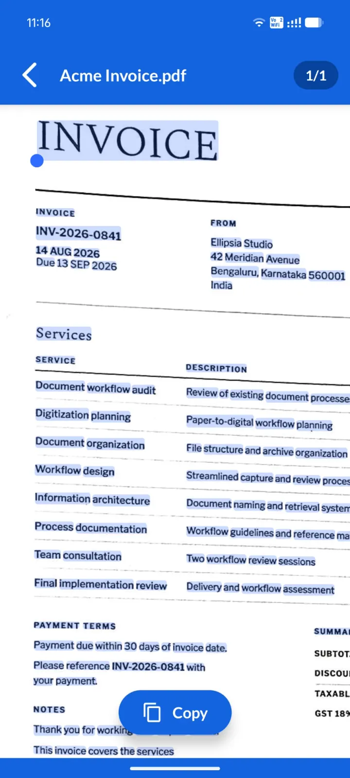 An invoice open in Scansy's built-in PDF viewer, with recognised text selected and a Copy button