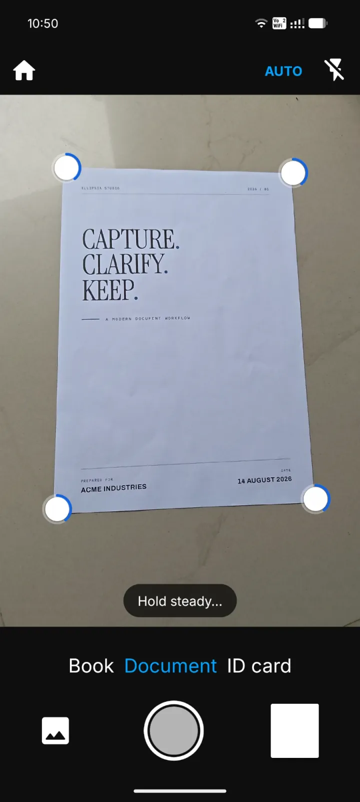 Scansy's camera finding the four corners of a printed page, with Book, Document and ID card modes