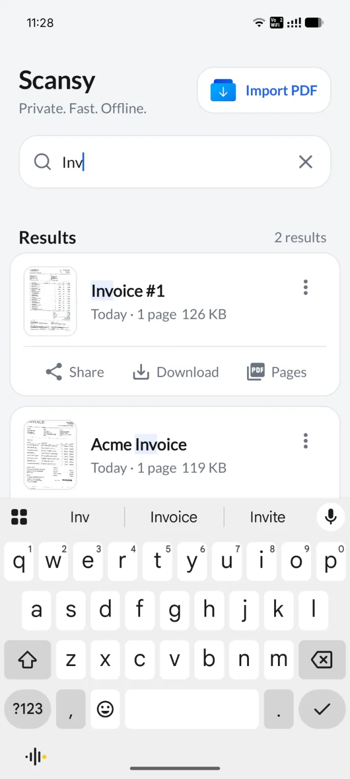 Scansy's document search showing two matching invoices